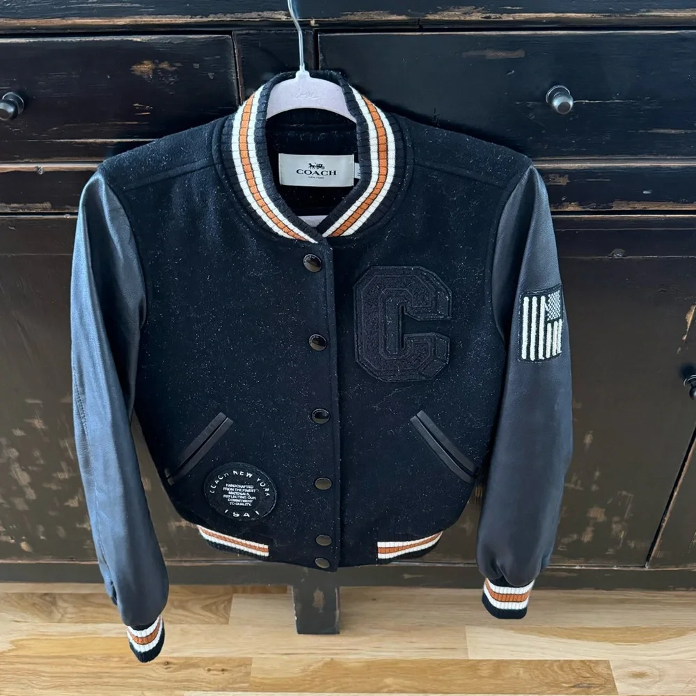 COACH Black Wool & Leather Patch Jacket, Stadium Style,Size XS